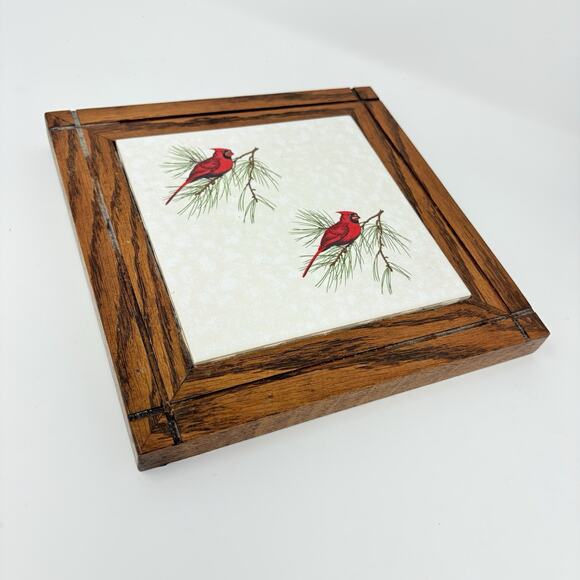 Vtg Wood Framed Ceramic Tile Two Red Cardinals Holiday Farmhouse Holiday Decor - Picture 2 of 5